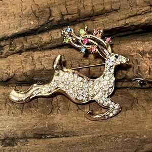 Gold Reindeer Brooch with Colorful Gems